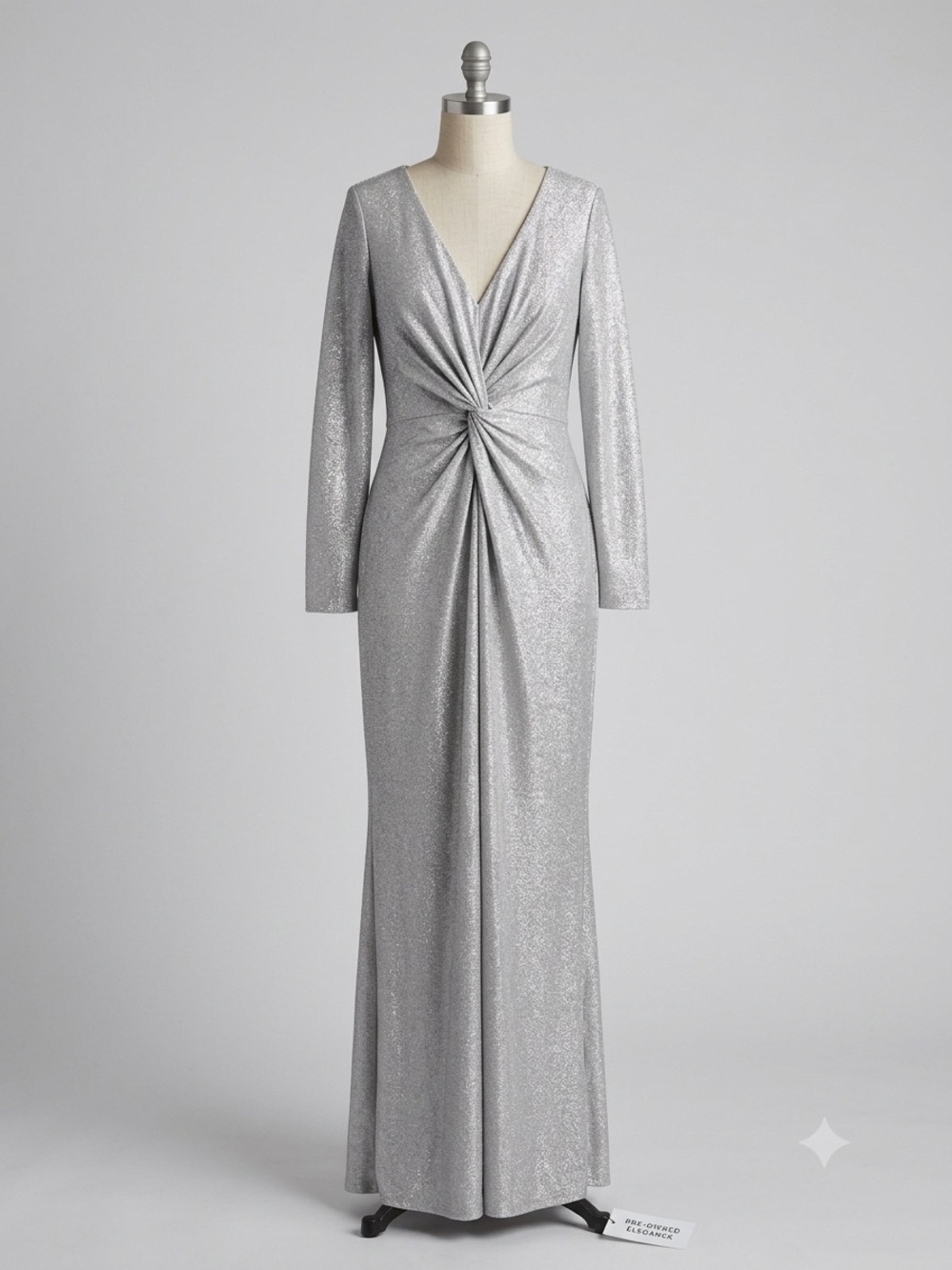 Ralph Lauren Silver Long-Sleeve Twist-Front Gown